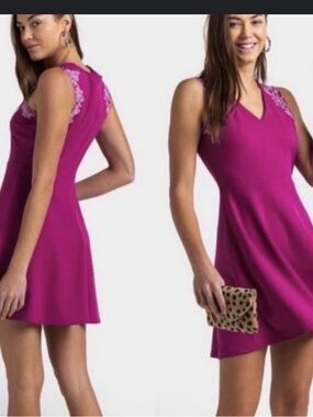 miami Fuchsia Sleeveless V-Neck Mini Dress with Lace Shoulder Detail